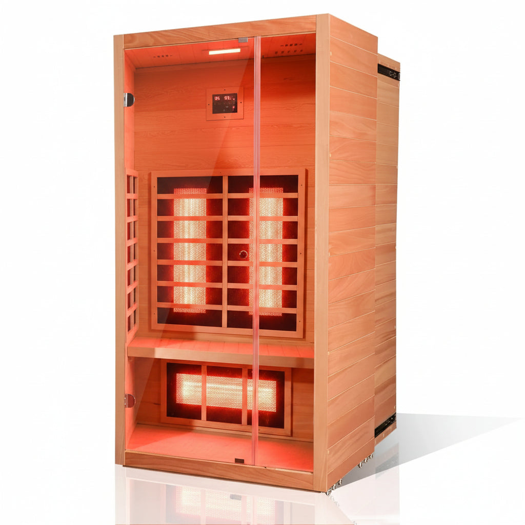 1 Person Extendable FAR Infrared Sauna for Home, Hemlock Wood Low EMF 6 Carbon Heaters Indoor Saunas with LED Lights, Bluetooth Speaker, Digital Control Panel, and Seating Bench