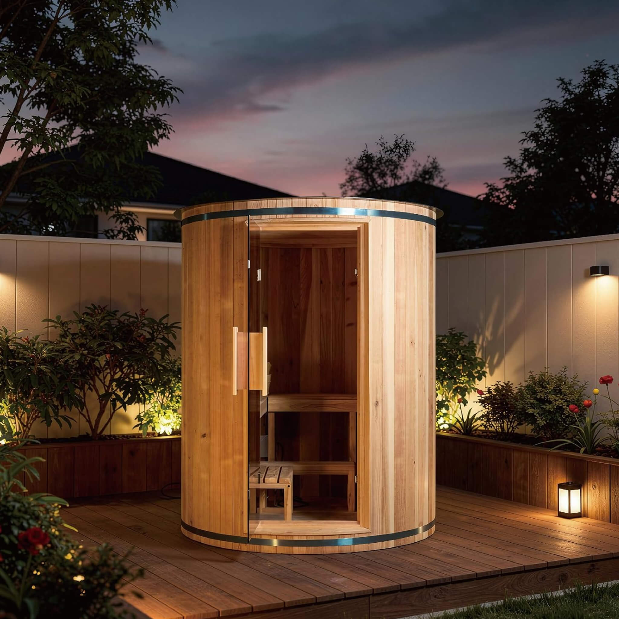 Thermora Barcelona 4-Person Vertical Barrel Sauna | 78” Cedar Wood Outdoor Sauna with 6kW Heater, LED Lighting & Stones