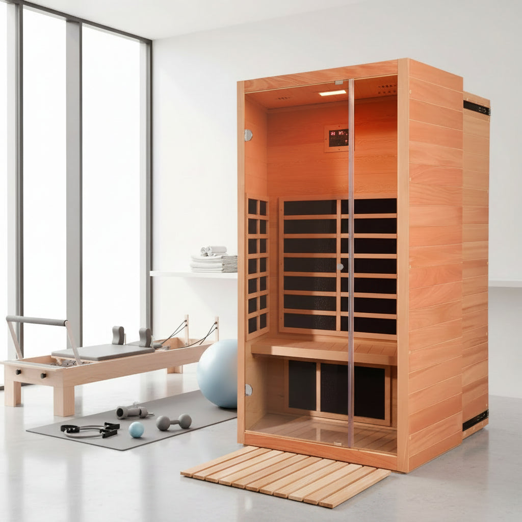 1 Person Extendable FAR Infrared Sauna for Home, Hemlock Wood Low EMF 6 Carbon Heaters Indoor Saunas with LED Lights, Bluetooth Speaker, Digital Control Panel, and Seating Bench
