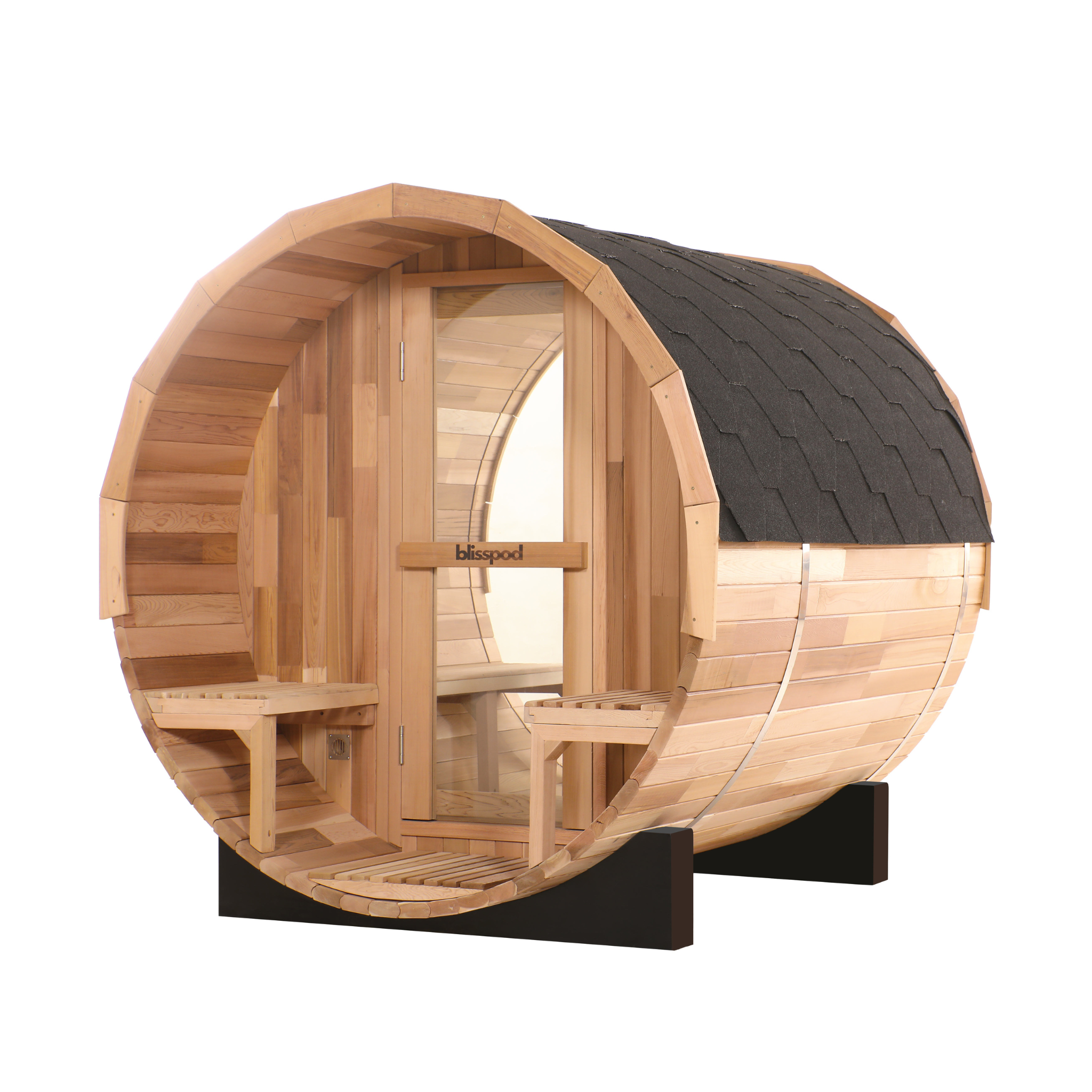 Wooden barrel-shaped sauna with a black roof on a white background