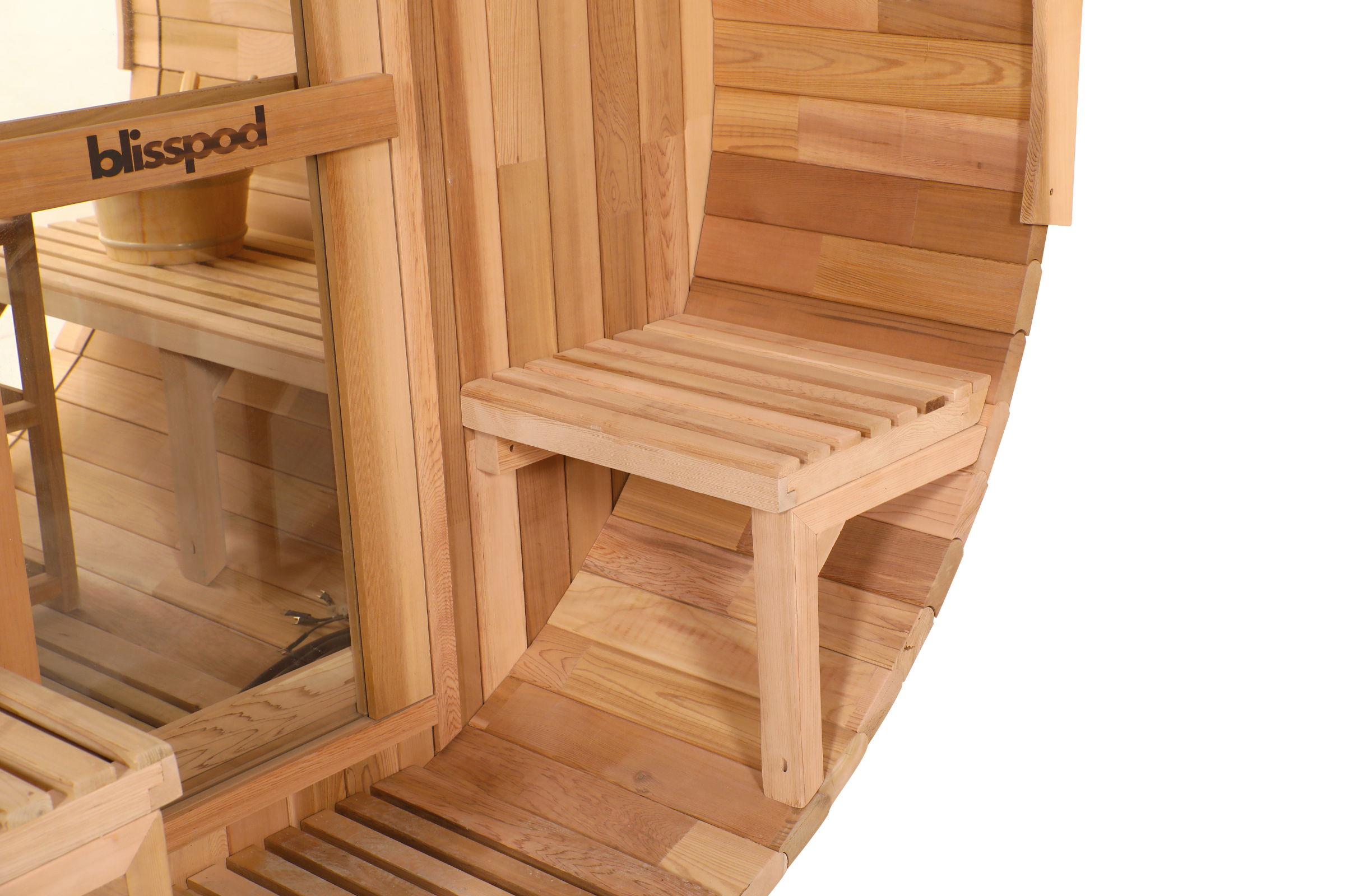 Wooden sauna with 'blisspod' branding on a white background