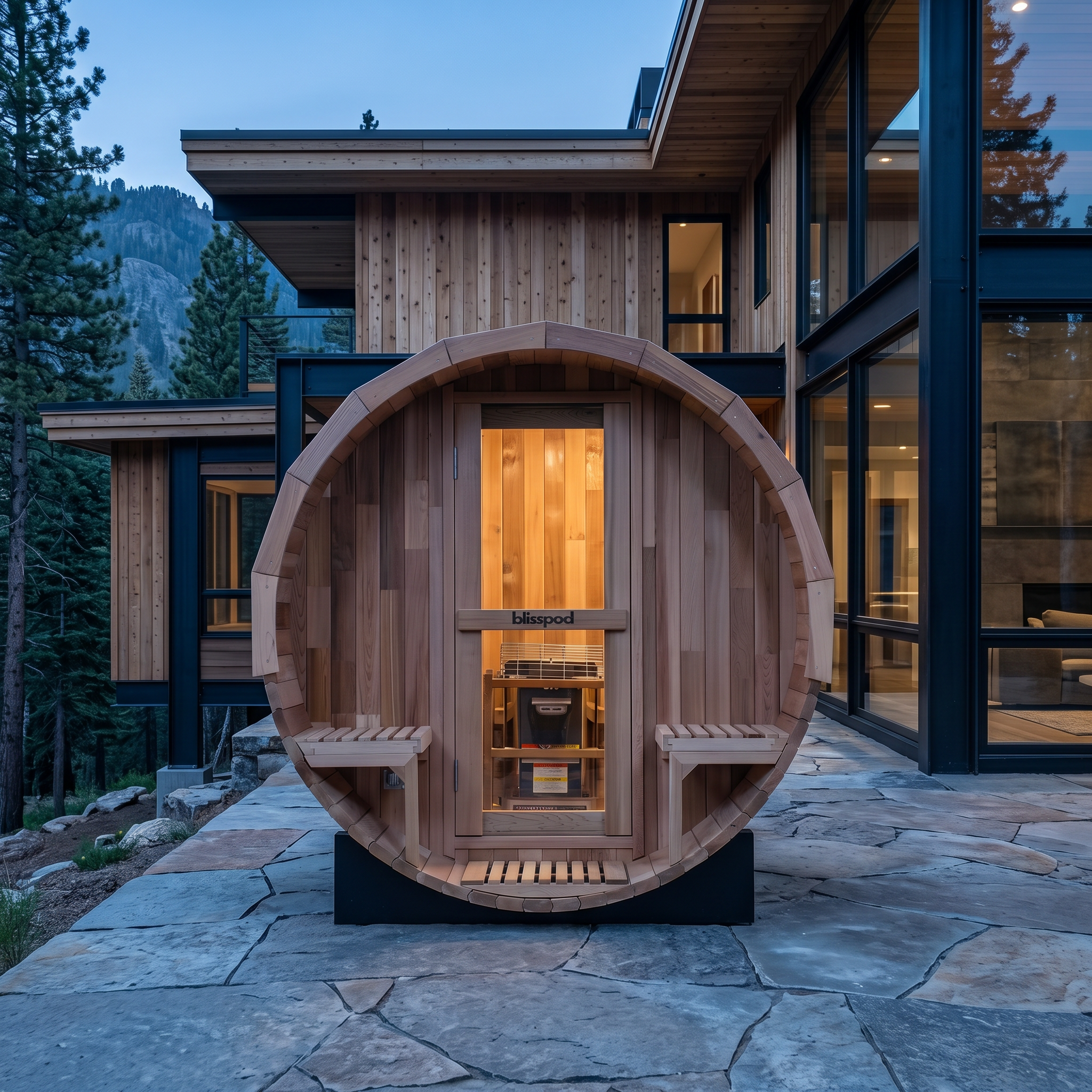 Blisspod Prague Barrel Sauna | Canadian Red Cedar Outdoor Steam Sauna with Full Glass Back & Front Porch Seating (2–6 Person)