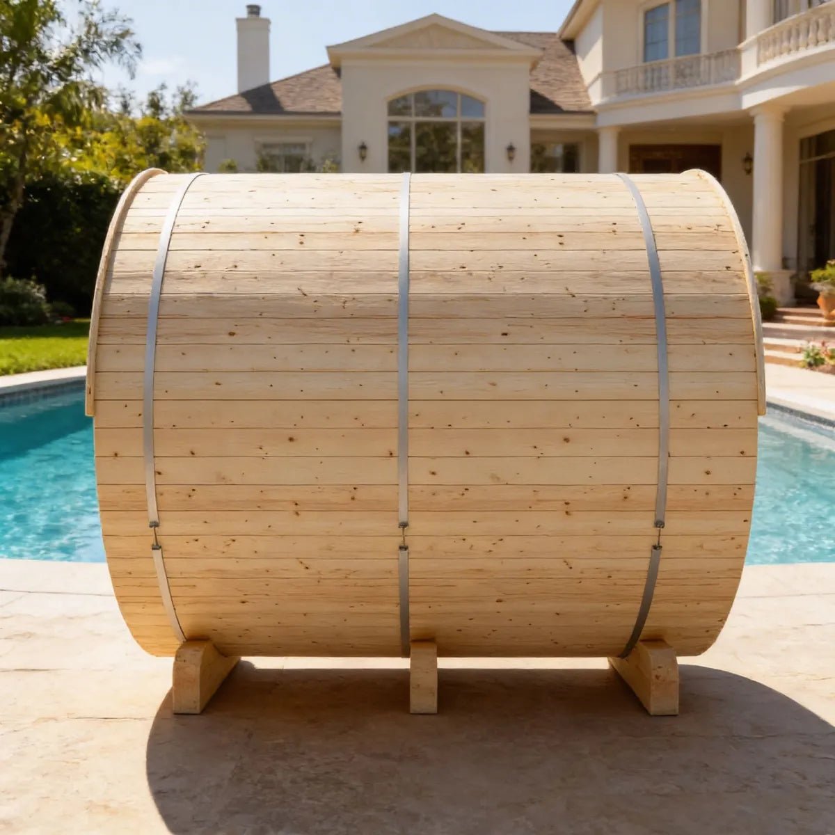 Summer Sale $500 OFF - Finnish Barrel Saunas Helsinki | 4-Person Barrel Sauna with Terrace and WiFi Heater - Forge Recovery
