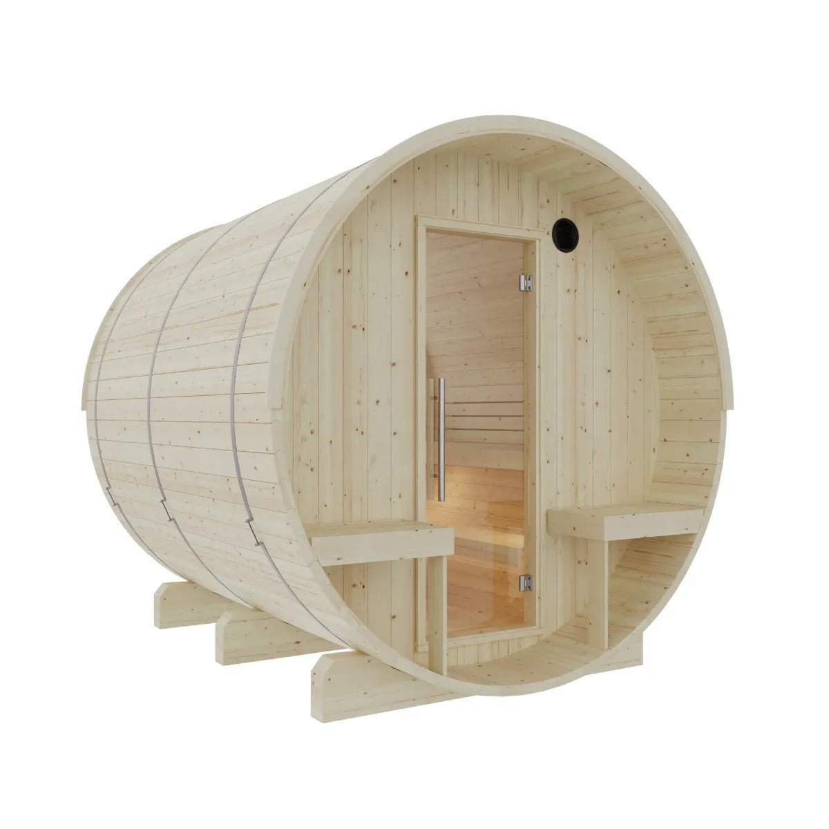 Summer Sale $500 OFF - Finnish Barrel Saunas Helsinki | 4-Person Barrel Sauna with Terrace and WiFi Heater - Forge Recovery