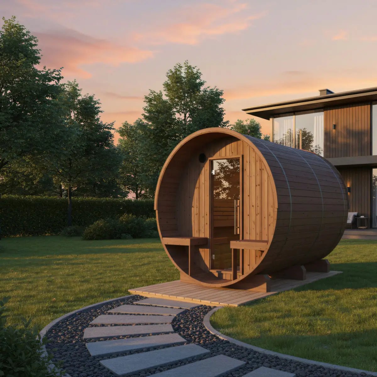 Summer Sale $500 OFF - Finnish Barrel Saunas Turku | 6-Person Barrel Sauna with Terrace and WiFi Heater - Forge Recovery