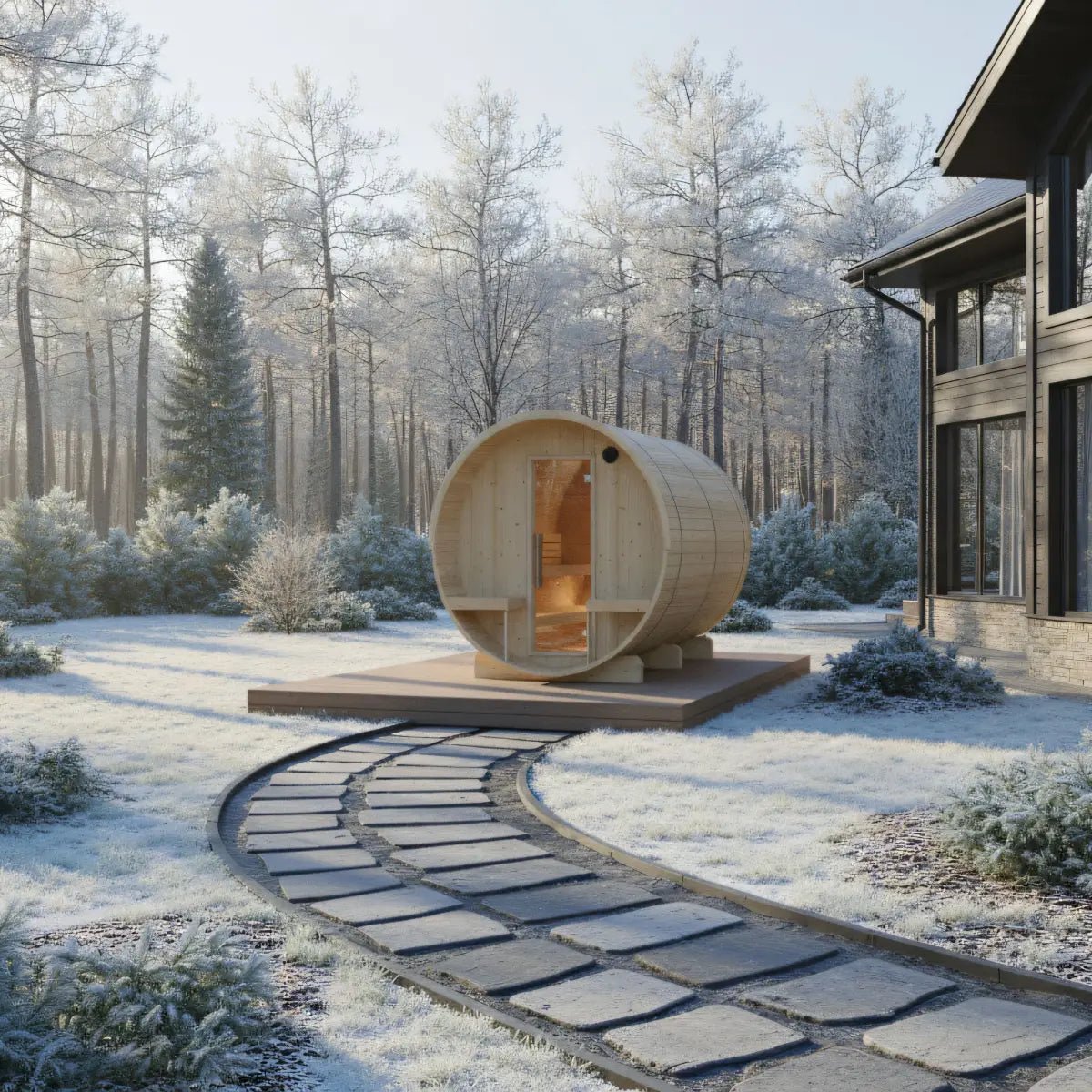 Summer Sale $500 OFF - Finnish Barrel Saunas Turku | 6-Person Barrel Sauna with Terrace and WiFi Heater - Forge Recovery