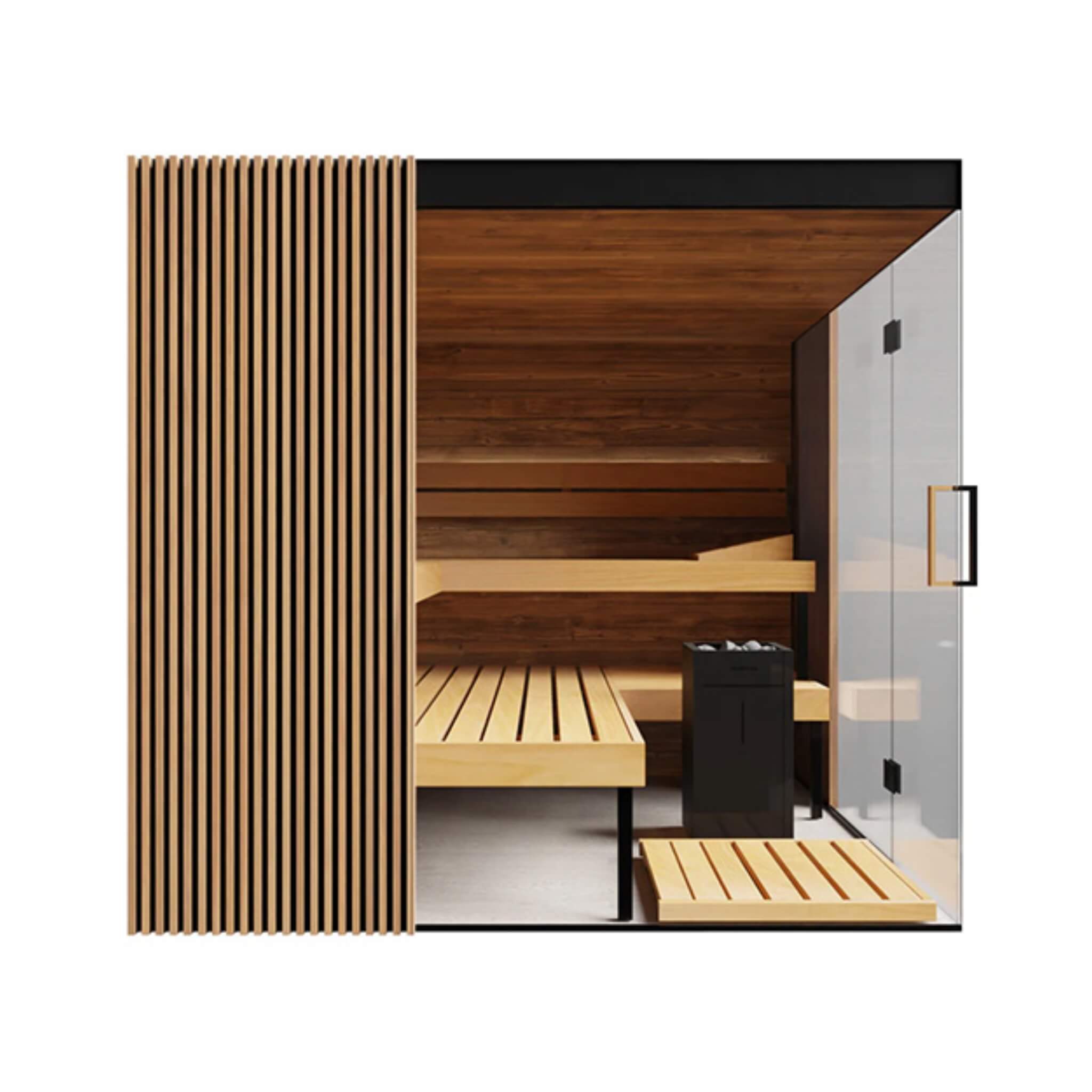 ThermaSol Aalto Indoor Semi Panoramic Glass Sauna Cabin, 4 Person - Forge Recovery