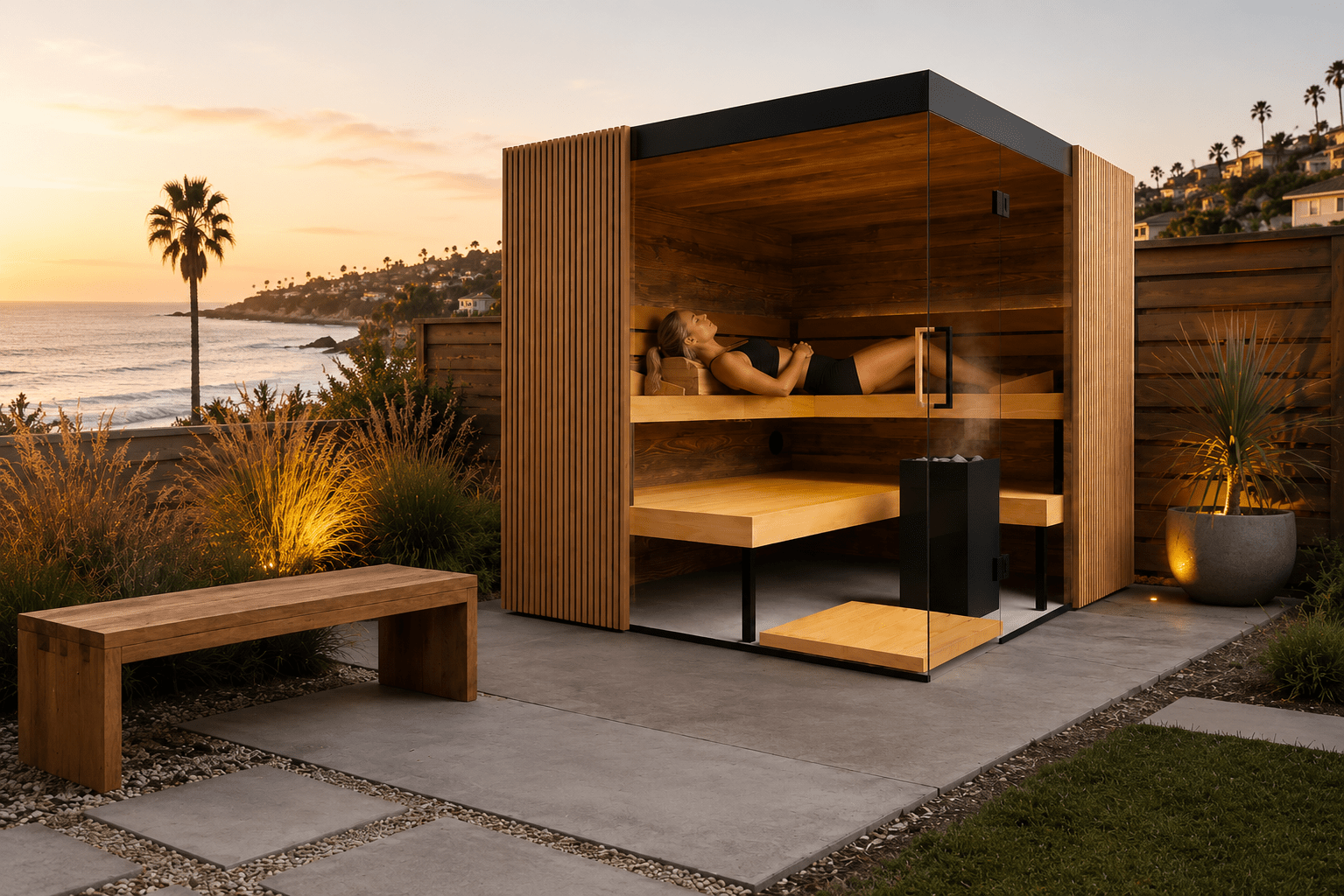 ThermaSol Aalto Indoor Semi Panoramic Glass Sauna Cabin, 4 Person - Forge Recovery