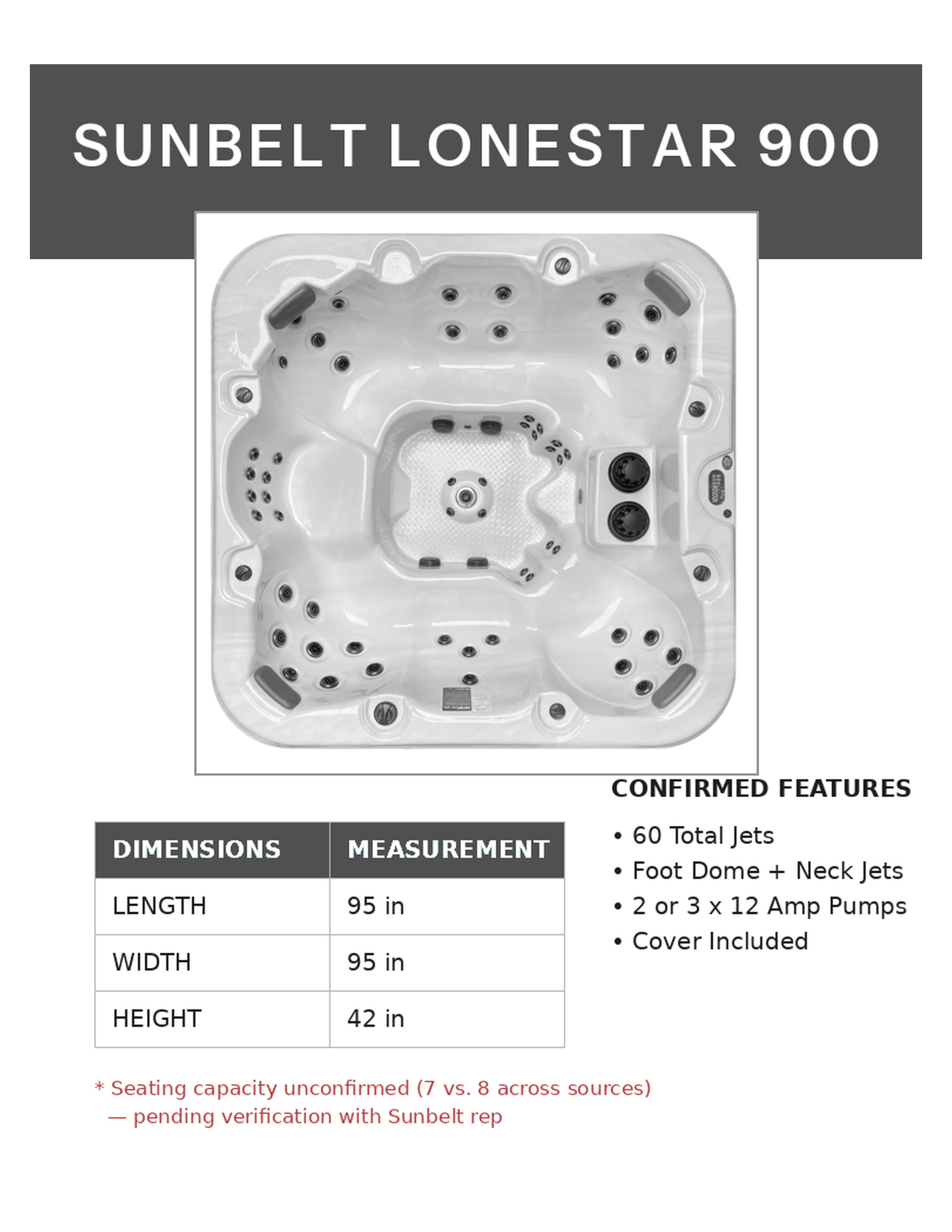 Sunbelt Lonestar Series 900 Hot Tub - Seats 7 - 60 Jets