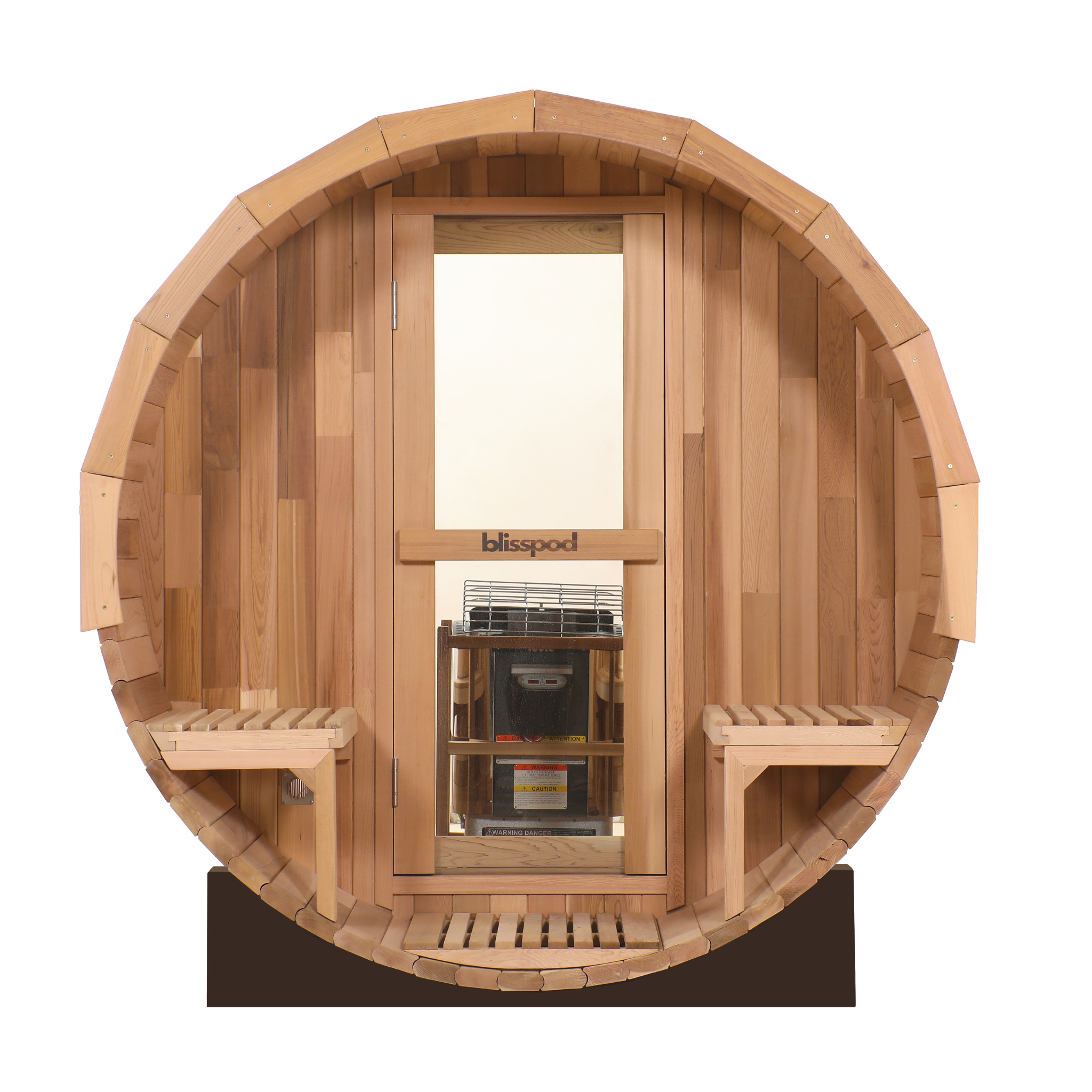 Wooden barrel sauna with benches on a white background