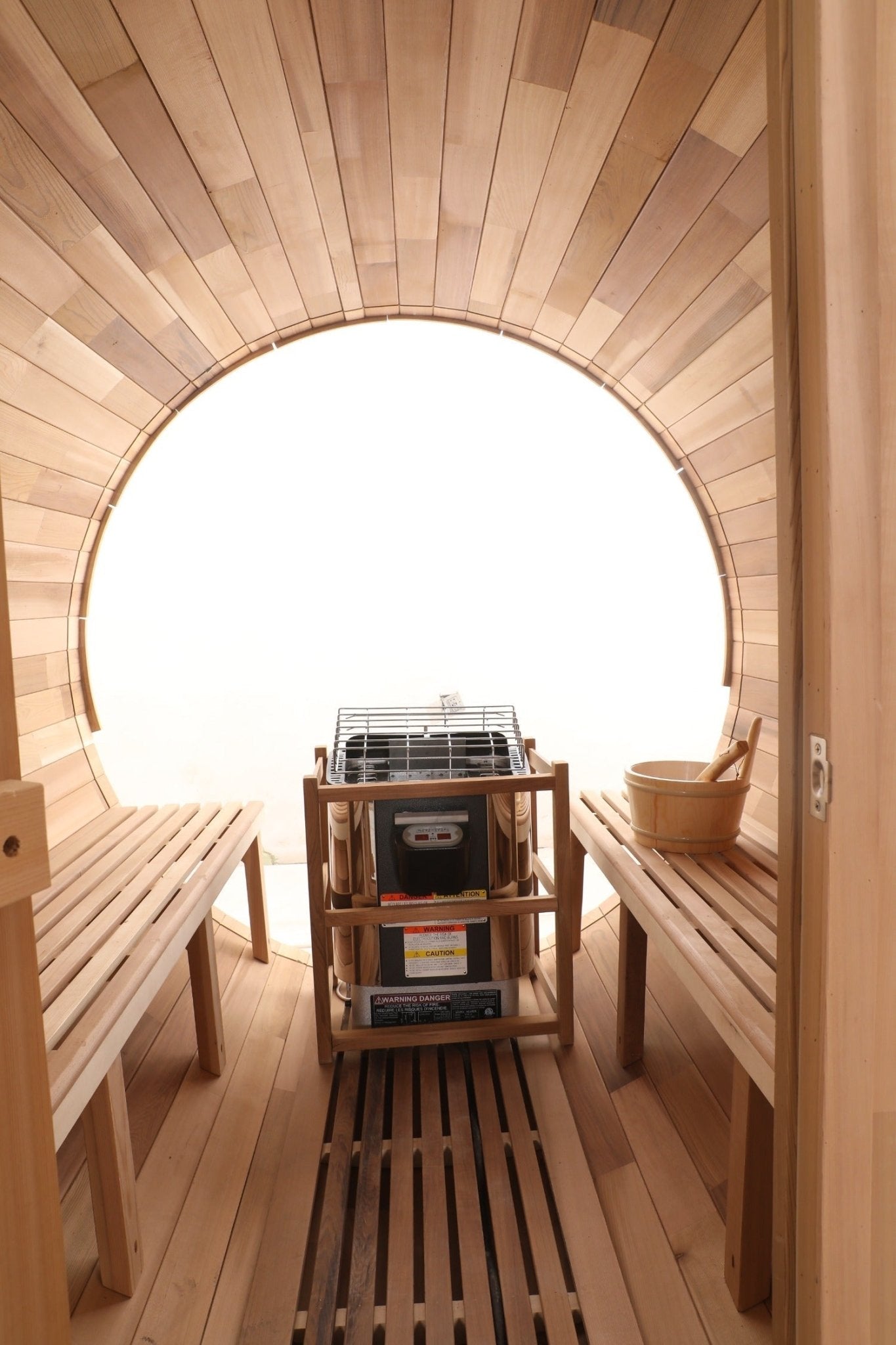 Blisspod Prague Barrel Sauna | Canadian Red Cedar, Outdoor Steam Sauna, Porch Seating (2–6 Person) - Forge Recovery