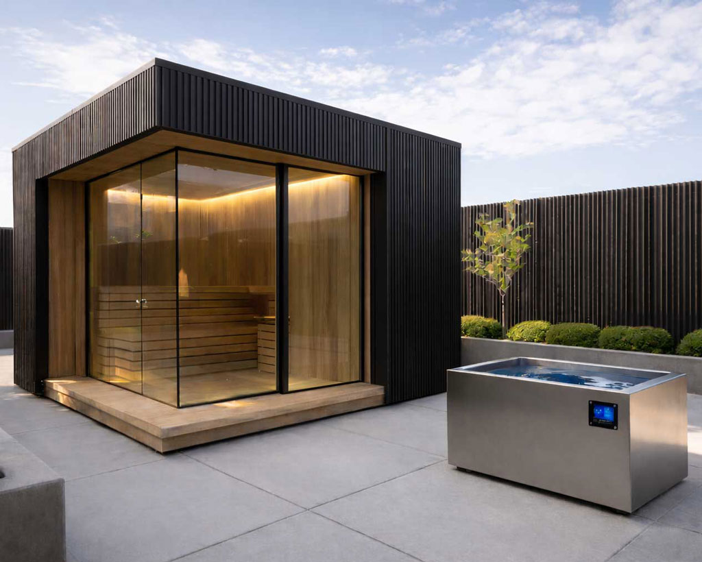 Modern outdoor sauna and cold plunge contrast system