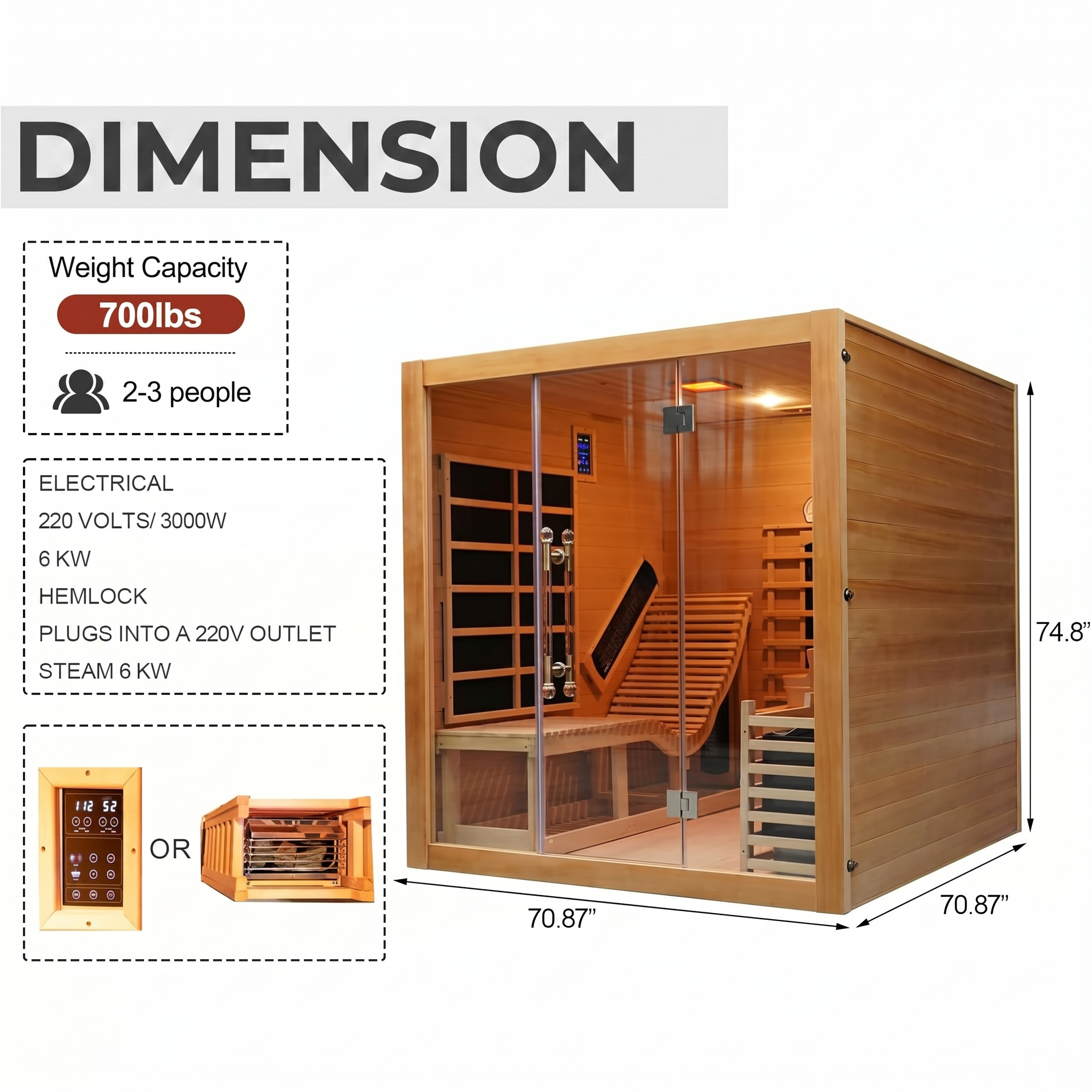 Rövia Oasis 3-Person Hybrid Sauna Room | Indoor Infrared & Traditional Sauna with Lounge Chair, Oxygen Bar & LED Lighting