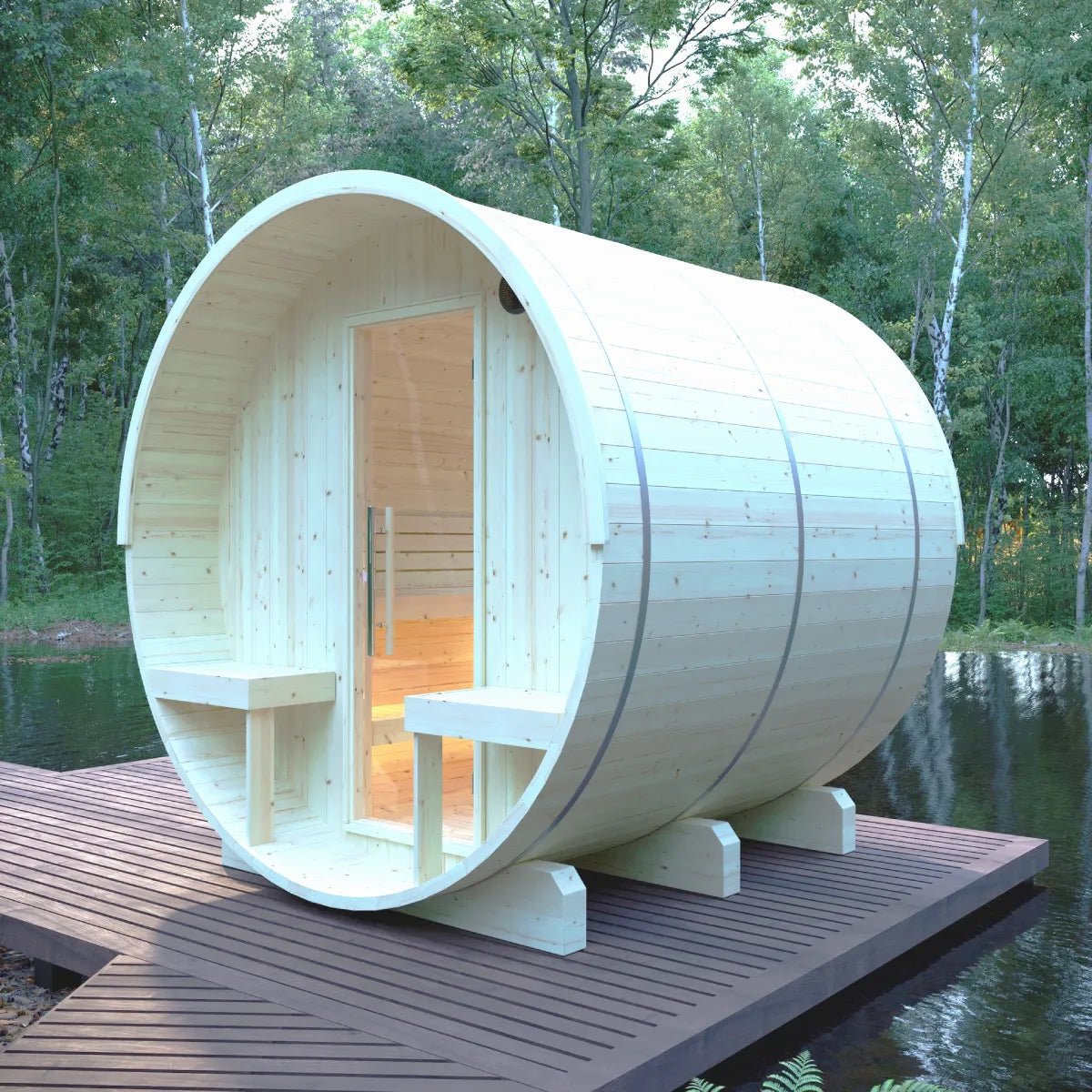 Summer Sale $500 OFF - Finnish Barrel Saunas Helsinki | 4-Person Barrel Sauna with Terrace and WiFi Heater - Forge Recovery