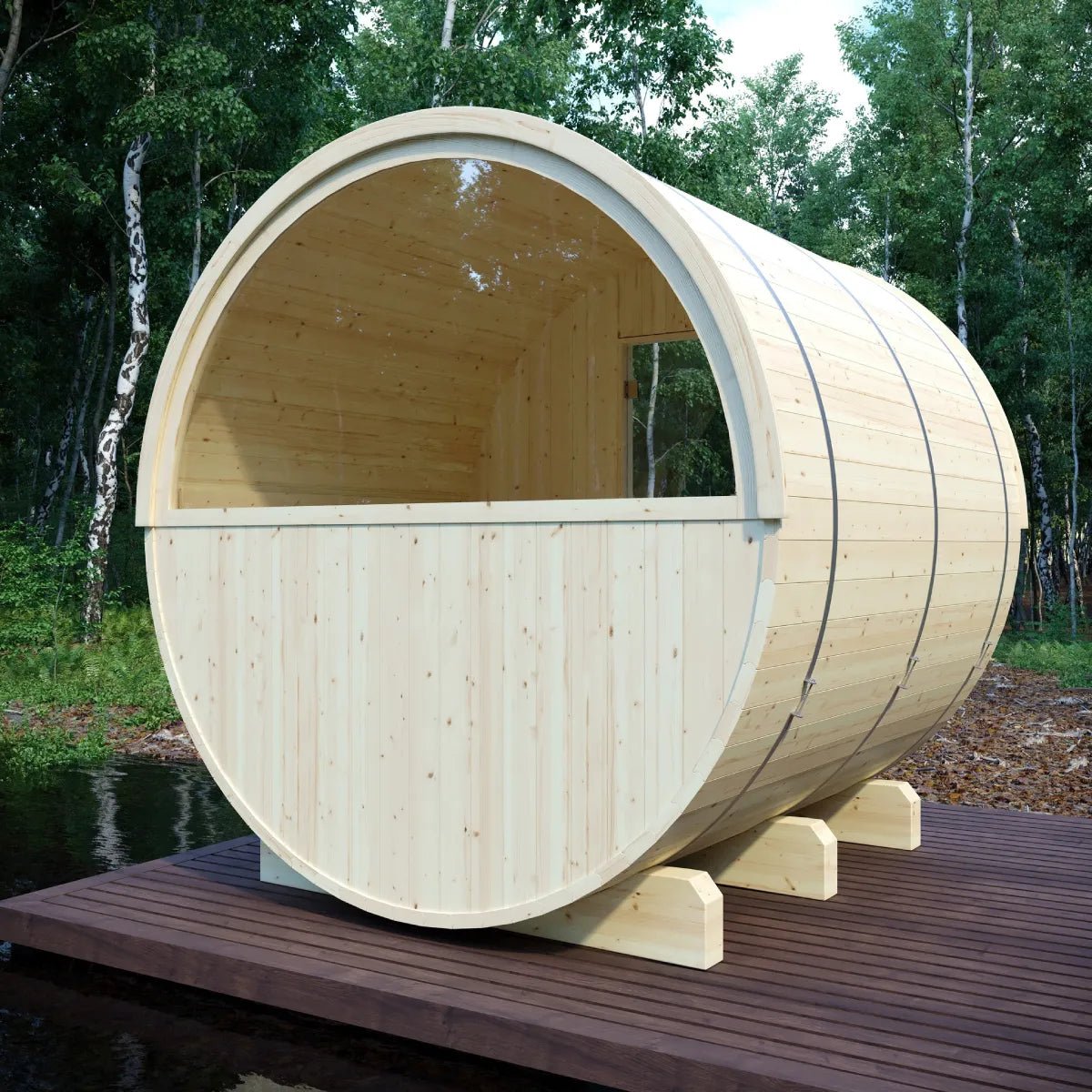 Summer Sale $500 OFF - Finnish Barrel Saunas Helsinki | 4-Person Barrel Sauna with Terrace and WiFi Heater - Forge Recovery