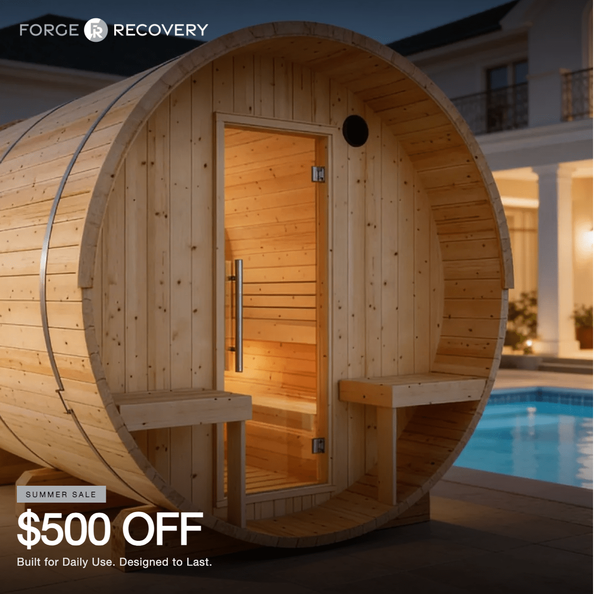 Summer Sale $500 OFF - Finnish Barrel Saunas Helsinki | 4-Person Barrel Sauna with Terrace and WiFi Heater - Forge Recovery