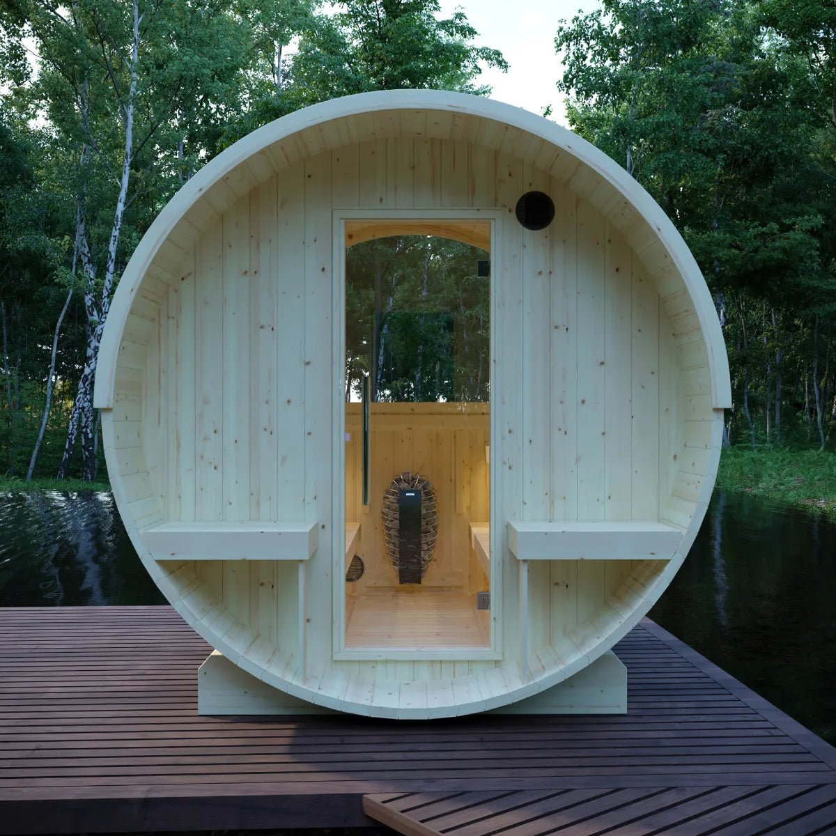 Summer Sale $500 OFF - Finnish Barrel Saunas Helsinki | 4-Person Barrel Sauna with Terrace and WiFi Heater - Forge Recovery