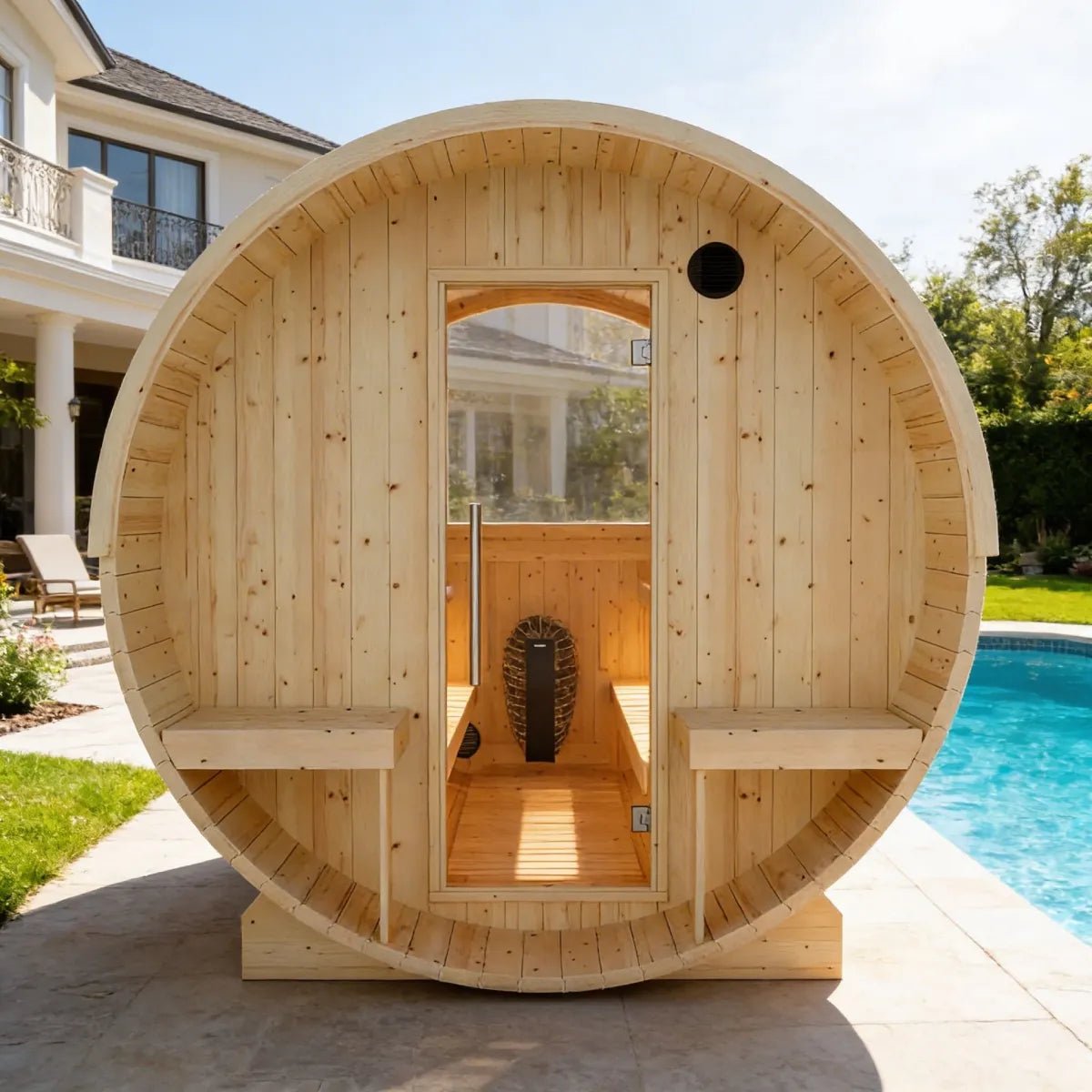Summer Sale $500 OFF - Finnish Barrel Saunas Helsinki | 4-Person Barrel Sauna with Terrace and WiFi Heater - Forge Recovery