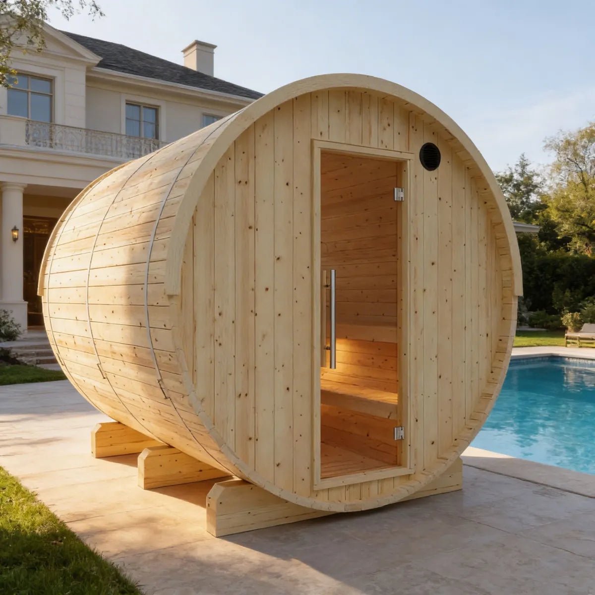 Summer Sale $500 OFF - Finnish Barrel Saunas Tampere | 4-Person Barrel Sauna with WiFi Heater - Forge Recovery
