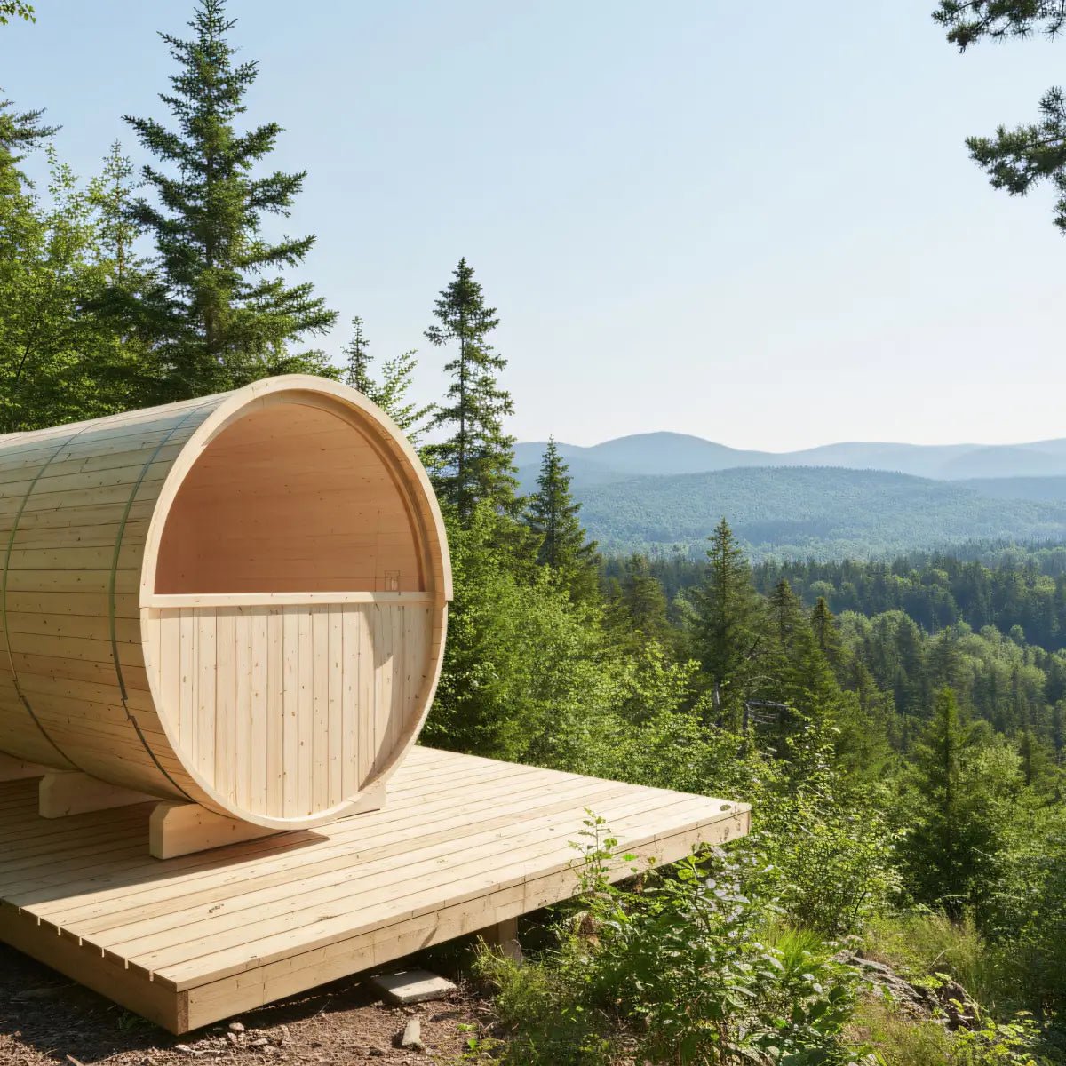 Summer Sale $500 OFF - Finnish Barrel Saunas Turku | 6-Person Barrel Sauna with Terrace and WiFi Heater - Forge Recovery