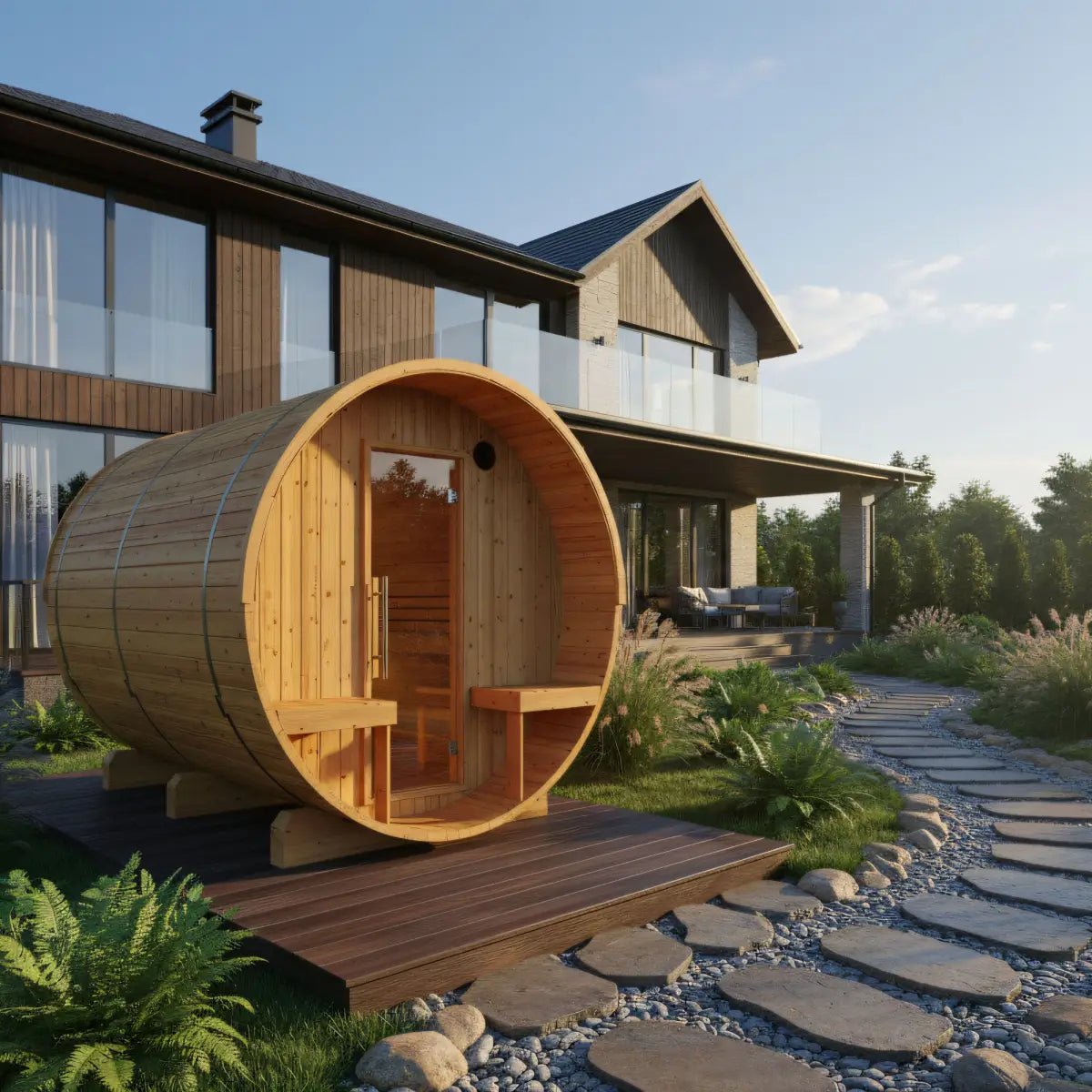 Summer Sale $500 OFF - Finnish Barrel Saunas Turku | 6-Person Barrel Sauna with Terrace and WiFi Heater - Forge Recovery